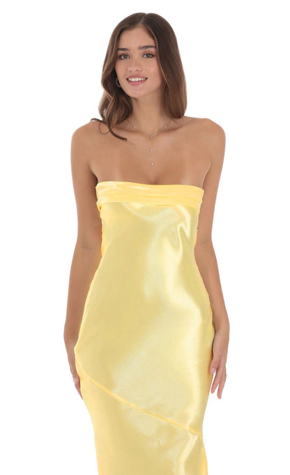 Lucy In The Sky Strapless Satin Open Back Maxi Dress in Yellow