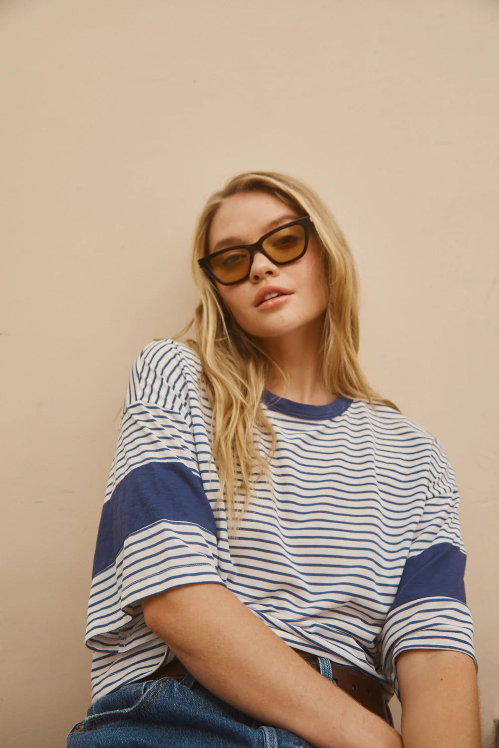 BAILEY/44 Women's Sundry Boxy Blocked Tee Classic Stripe in Optic White