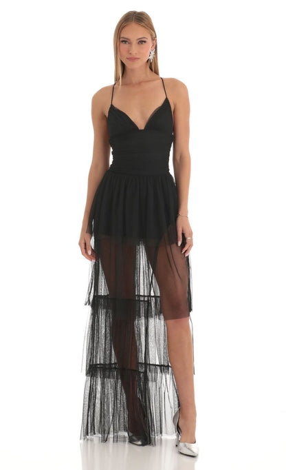 Lucy in the Sky Mesh Maxi Dress in Black