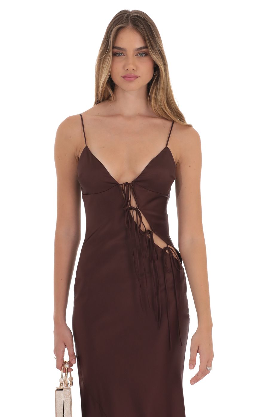 Lucy In The Sky Satin Cutout Ties Maxi Dress in Brown