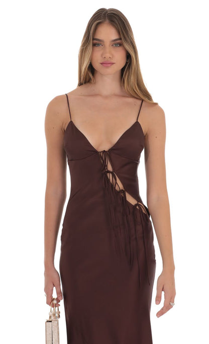 Lucy In The Sky Satin Cutout Ties Maxi Dress in Brown