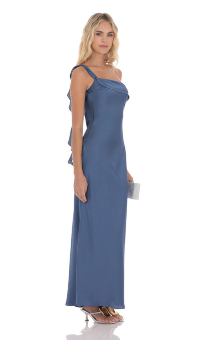 Lucy in the Sky Satin One Shoulder Tassel Maxi Dress in Denim Blue