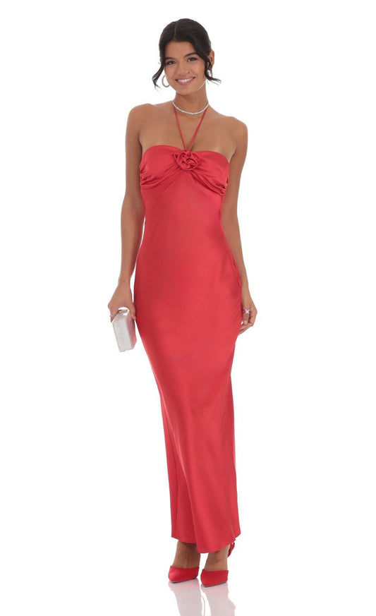 Lucy In The Sky Satin Halter Flower Maxi Dress in Red