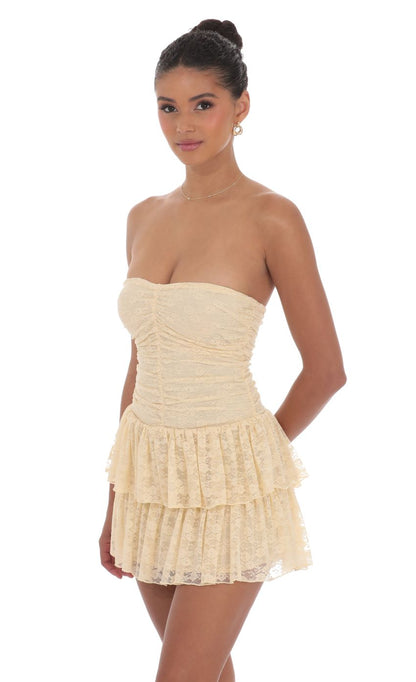 Lucy In The Sky Lace Strapless Ruched Ruffle Dress in Beige