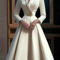 Ursime Elegant Wrap V Neck Long Sleeve Pleated Midi Dress