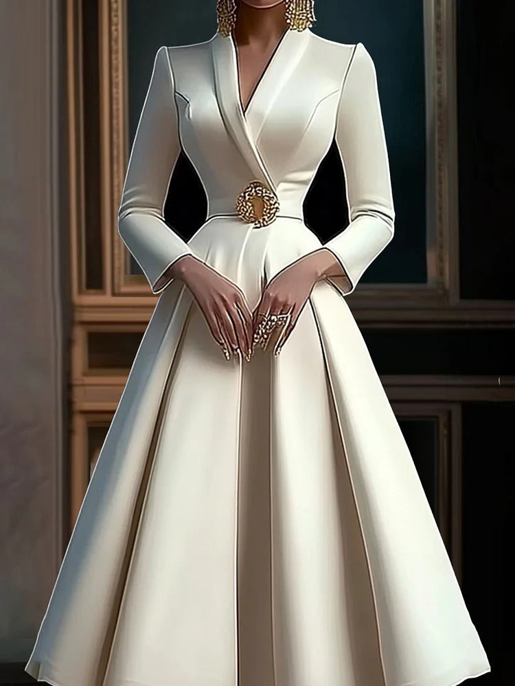 Ursime Elegant Wrap V Neck Long Sleeve Pleated Midi Dress