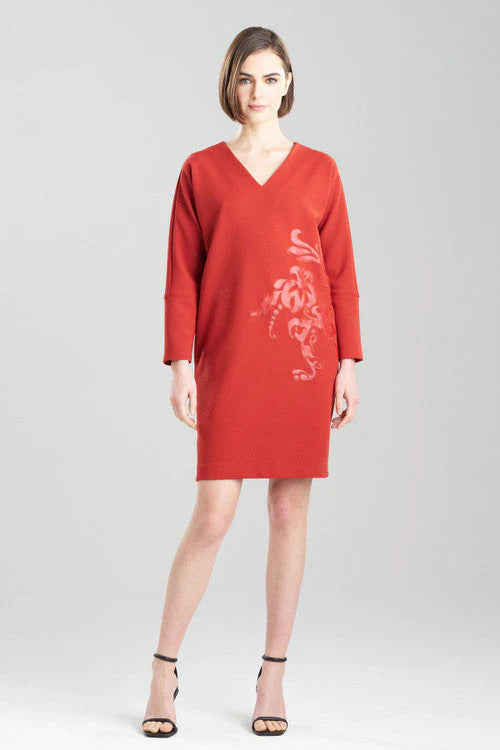 Natori Scuba Crepe Embroidered Wedge Dress - Burnt Orange
