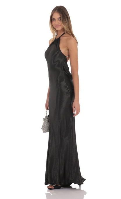 Lucy in the Sky Rhinestone Satin Open Back Maxi Dress in Black