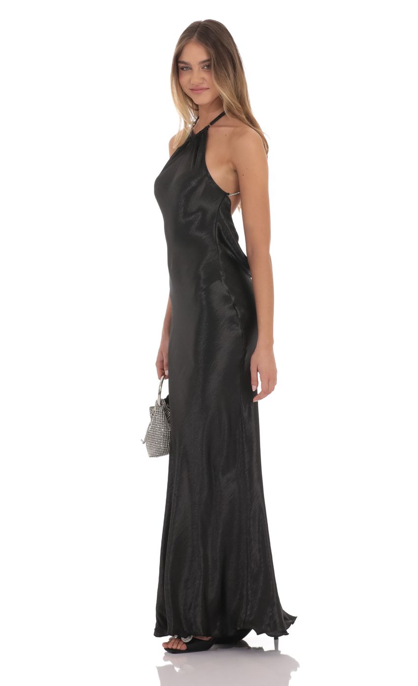 Lucy In The Sky Rhinestone Satin Open Back Maxi Dress in Black