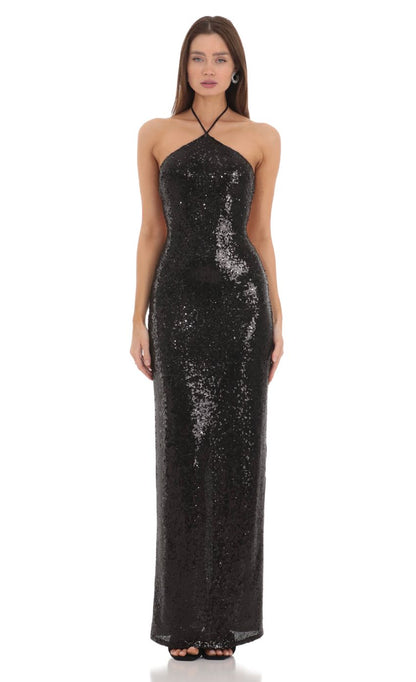 Lucy in the Sky Sequin Halter Maxi Dress in Black