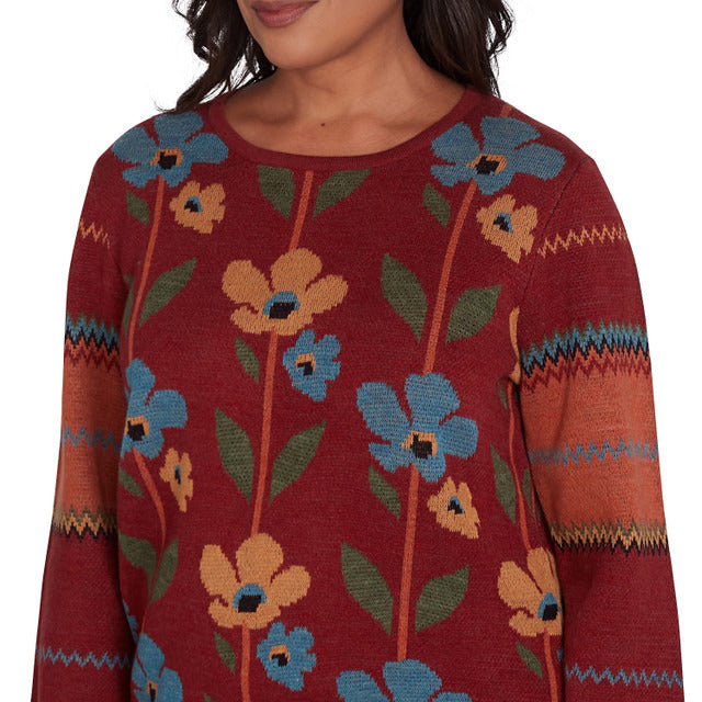 Alfred Dunner Women's Vertical Floral Crew Neck Sweater