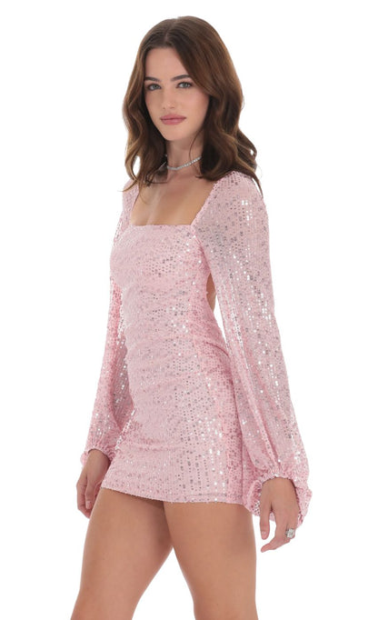 Lucy in the Sky Sequin Ruched Open Back Dress in Pink