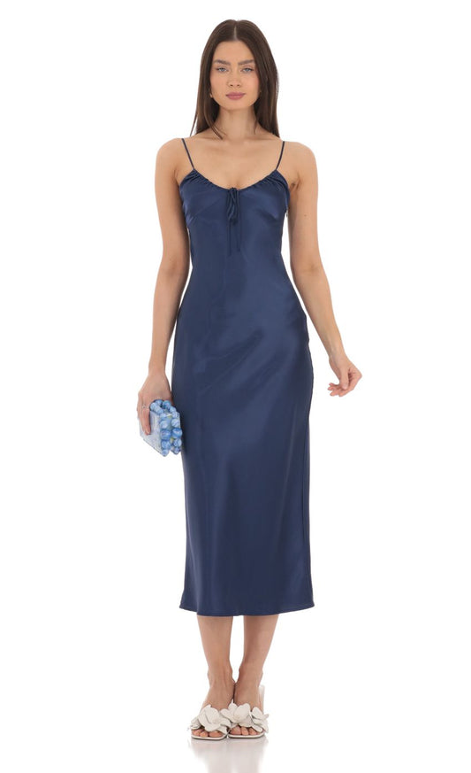 Lucy In The Sky Satin Open Back Midi Dress in Navy