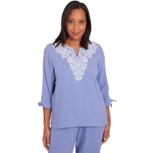 Alfred Dunner Women's Embroidered Top With Tie Sleeves