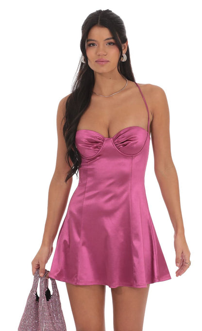 Lucy In The Sky Satin Fit and Flare Dress in Magenta