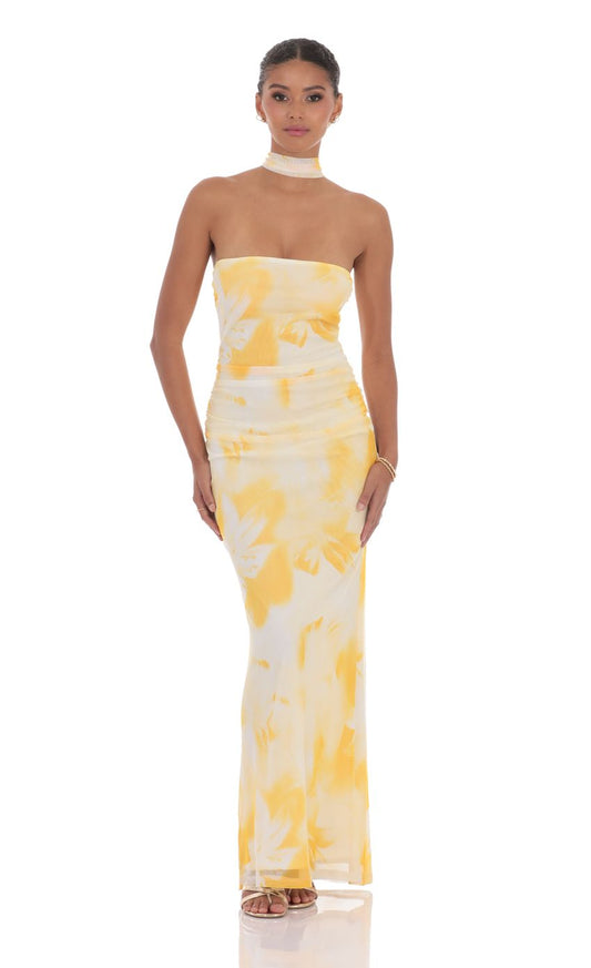 Lucy in the Sky Scarf Mesh Floral Strapless Maxi Dress in Yellow