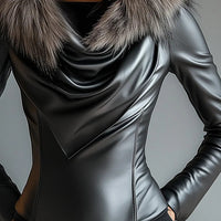 Ursime Plush Trim Cowl Neck Long Sleeve PU Leather Blouse