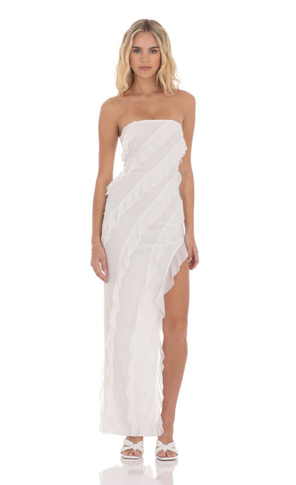 Lucy In The Sky Mesh Ruffle Strapless Maxi Dress in White