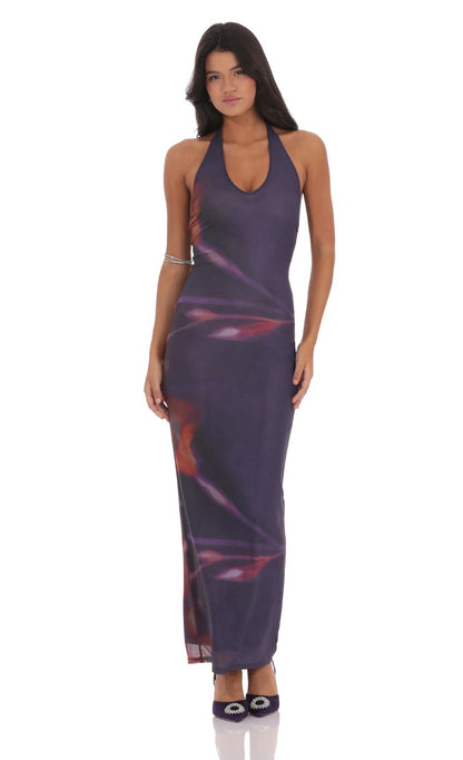 Lucy In The Sky Halter Bodycon Maxi Dress in Blue