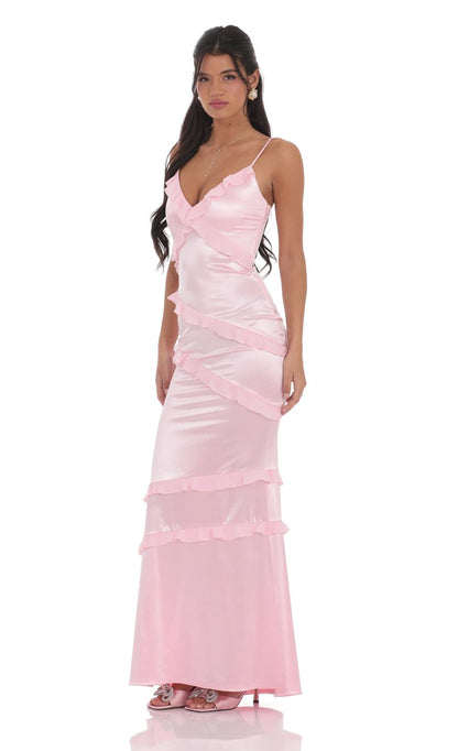 Lucy In The Sky Satin V-Neck Ruffle Mermaid Maxi Dress in Pink