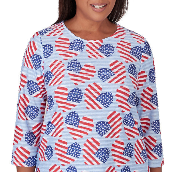 Alfred Dunner Women's Flag Hearts Three Quarter Sleeve Shirt