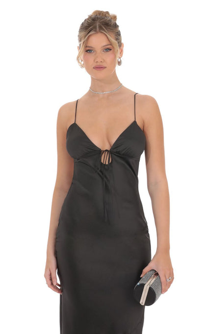 Lucy In The Sky Satin Back Tie Maxi Dress in Black