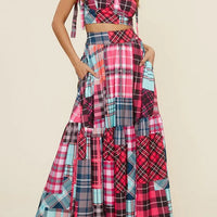 Ursime Fashion Plaid Pachwork Cami Top & Maxi Skirt 2Pcs Set