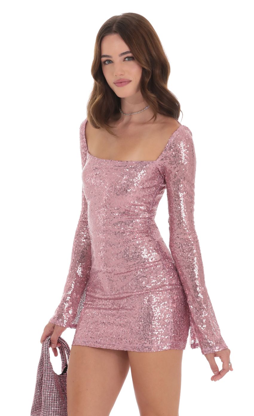 Lucy In The Sky Sequin Long Sleeve Bodycon Dress in Pink