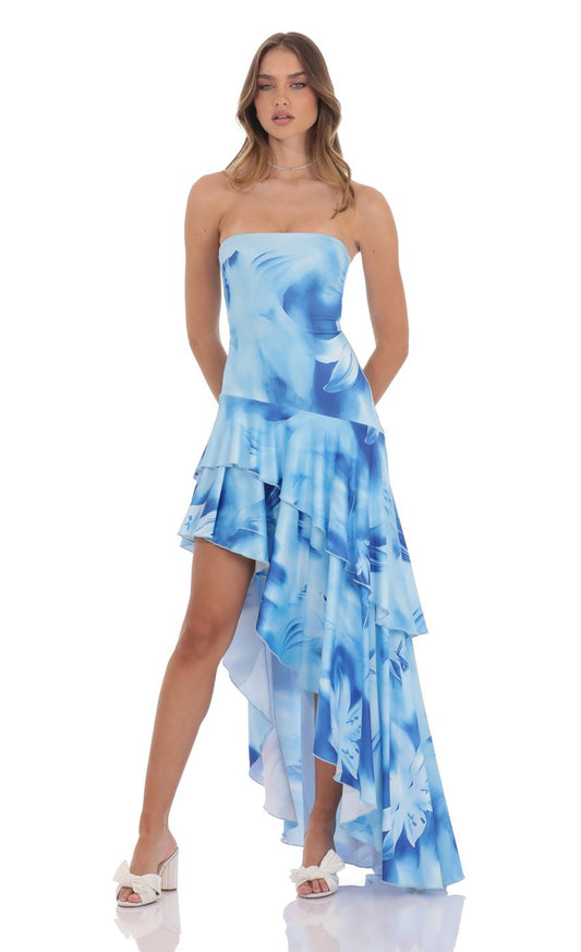 Lucy in the Sky Floral Strapless Ruffle Asymmetrical Maxi Dress in Blue
