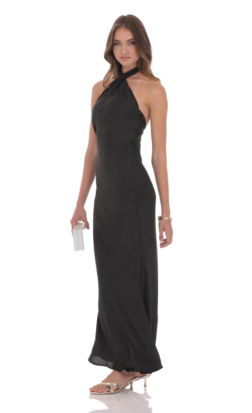 Lucy In The Sky Satin Cross Halter Maxi Dress in Black