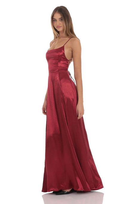 Lucy In The Sky Satin Double Slit Maxi Dress in Deep Red