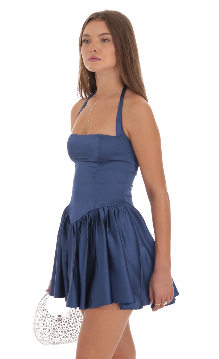Lucy In The Sky Satin Halter A-line Dress in Slate Blue