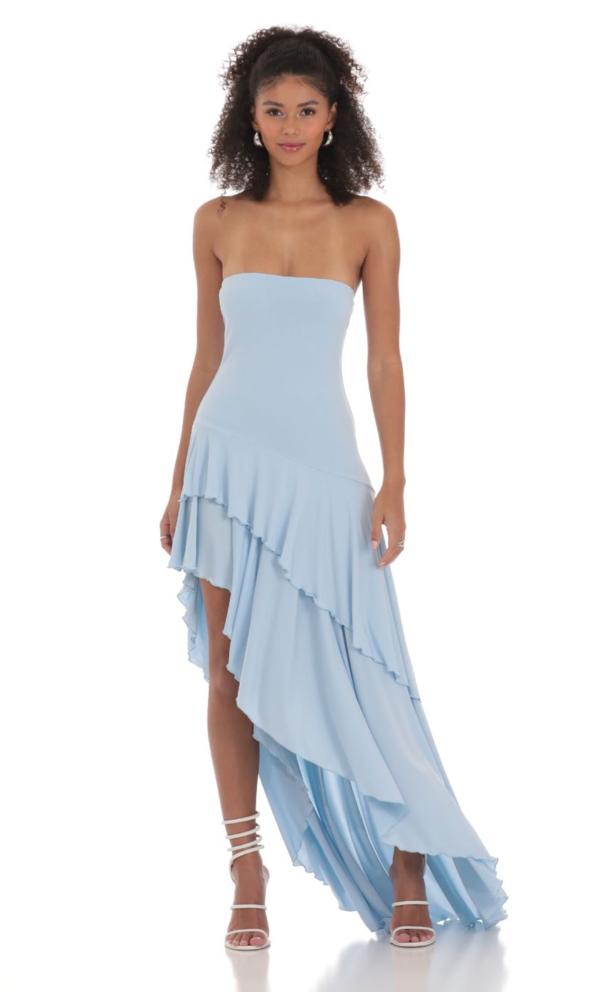 Lucy in the Sky Strapless Ruffle Asymmetrical Maxi Dress in Blue