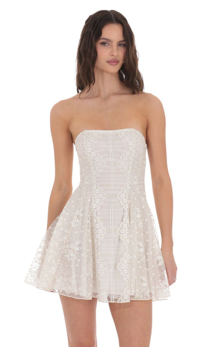 Lucy In The Sky Gold Thread Strapless Fit and Flare Dress in Ivory