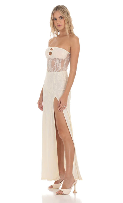 Lucy in the Sky Lace Cutout Strapless Maxi Dress in Cream