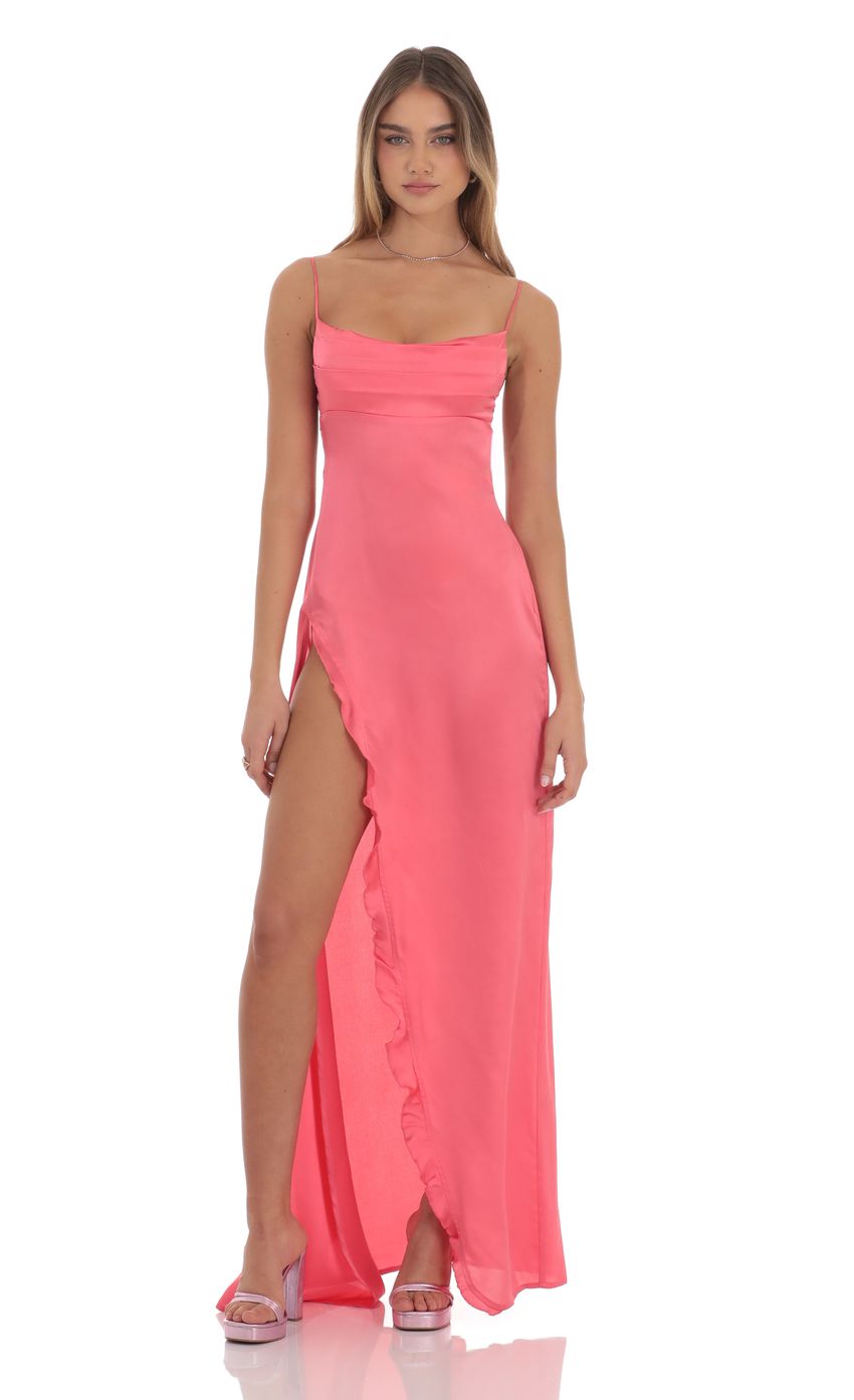 Lucy In The Sky Cowl Neck Satin Open Back Maxi Dress in Coral