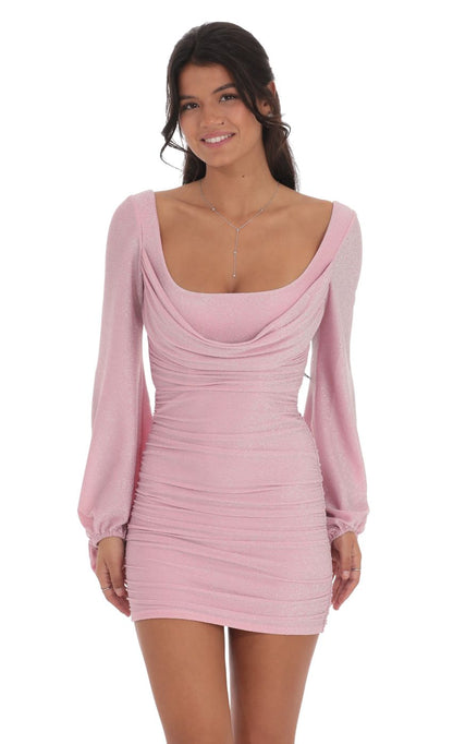 Lucy In The Sky Shimmer Ruched Cowl Neck Dress in Pink