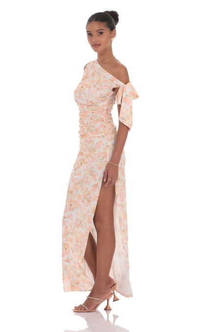 Lucy In The Sky Floral Shimmer Off Shoulder Maxi Dress in Peach