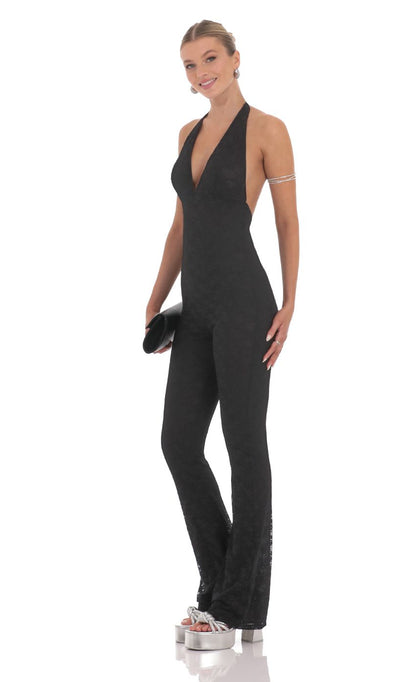 Lucy In The Sky Lace Halter Jumpsuit in Black