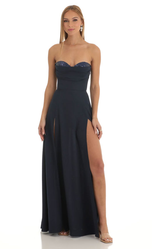 Lucy In The Sky Sequin Bust Crepe Maxi Dress in Dark Blue