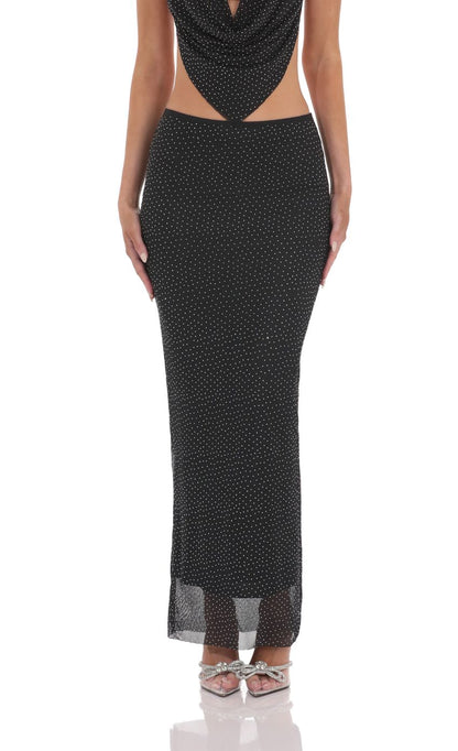 Lucy In The Sky Draped Rhinestone Two Piece Set in Black