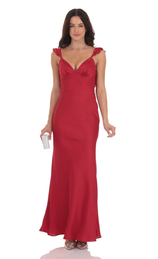 Lucy in the Sky Satin Ruffle Open Maxi Dress in Red