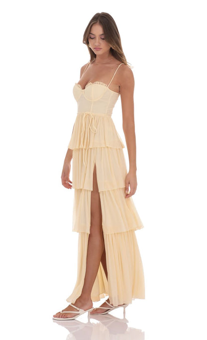 Lucy in the Sky Mesh Ruffle Maxi Dress in Yellow