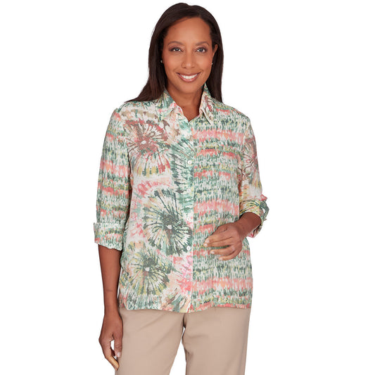 Alfred Dunner Women's Sunset Tie Dye Button Down Blouse