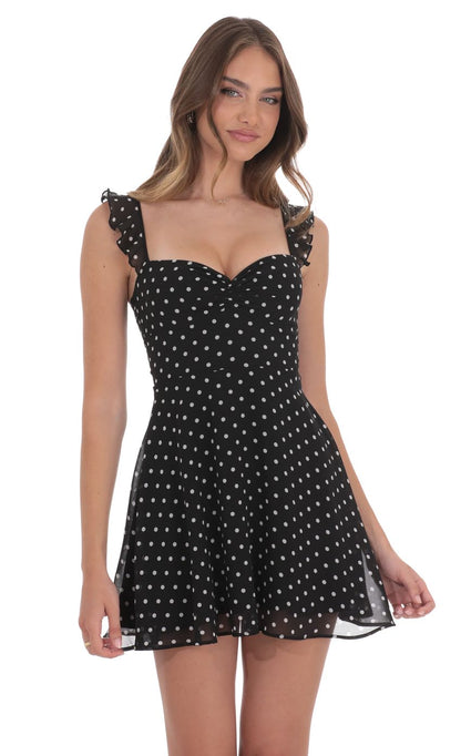 Lucy In The Sky Polka Dot Ruffle Strap A-Line Dress in Black