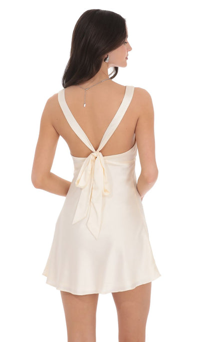 Lucy In The Sky Satin V-Neck Open back Dress in Cream