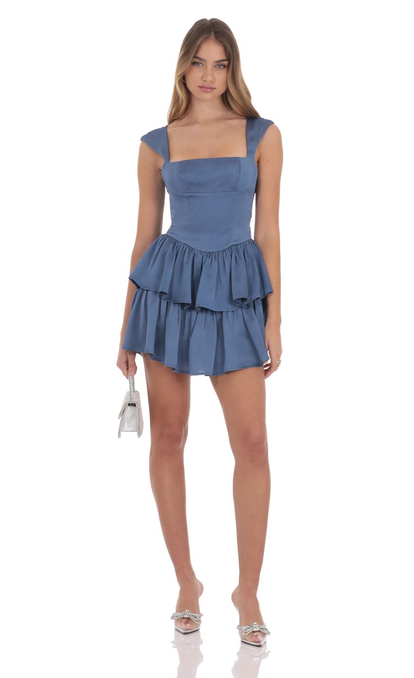 Lucy In The Sky Satin Wide Strap Ruffle Dress in Denim Blue