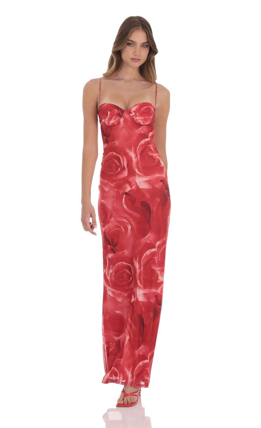 Lucy In The Sky Rose Open Back Mesh Maxi Dress in Red
