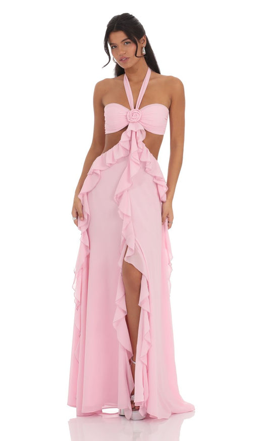 Lucy In The Sky Chiffon Cutout Ruffle Maxi Dress in Pink