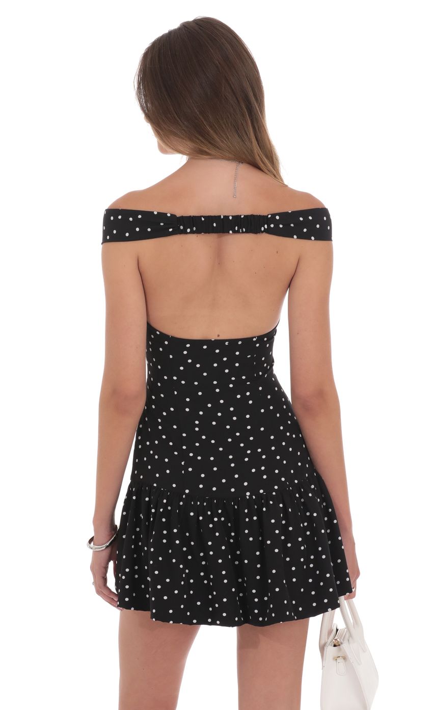 Lucy In The Sky Polka Dot Off Shoulder Drop Waist Dress in Black